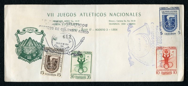 Colombia 1954Scott 623-24,C56-57 VII Juegos Atleticos on FDC