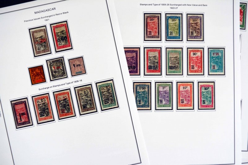 COLOR PRINTED FRENCH MADAGASCAR 1889-1957  STAMP ALBUM PAGES (46 illustr. pages)