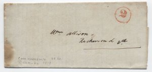1849 Richmond VA stampless drop cover 2 in circle rate handstamp [6595]