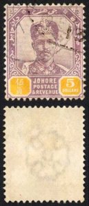 Johore SG53 Five Dollars Dull Purple and Yellow Fine used Cat 150 pounds