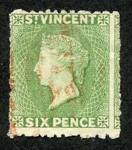 St Vincent SG26 6d Pale Green Wmk Star S/Ways Perf about 15 Cat 450 pounds