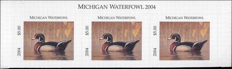 MICHIGAN #29T 2004 STATE DUCK STAMP TOP STRIP OF 3 WOOD DUCK  by Tim Macdonald