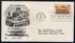 US 1705 Sound Recording Artcraft Typed FDC