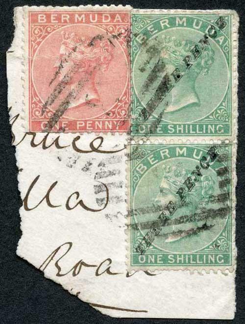 Bermuda SG13 3d on 1/- green vertical pair in combination with 1865 1d. rose-re