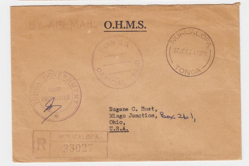 TONGA 1962 OHMS COVER NUKUALOFA TO USA, REGISTERED AIRMAIL, PM SIGNED(SEE BELOW)