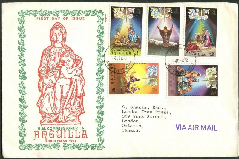 ANGUILLA Sc#163-167 1972 Christmas Complete Set FDC