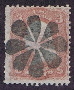 US 65 USED 3c 8 PETAL ROSETTE FANCY CANCEL, SOTN, 1860s, NICE!