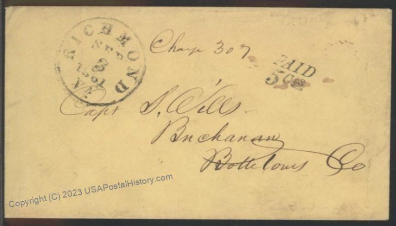 CSA RICHMOND Virginia Civil War Confederate States Paid 5 Stampless Cover 110404