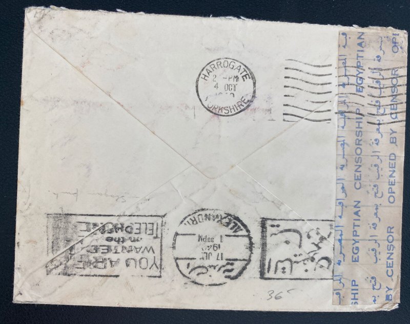 1940 Egypt Censored Cover To Harrogate England