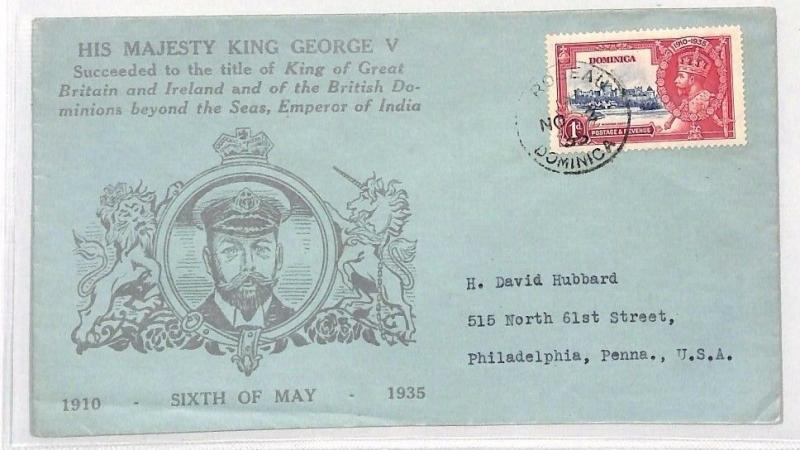 1935 Dominica ILLUSTRATED KGV *Roseau* CDS Silver Jubilee Cover USA ROYALTY BH8 