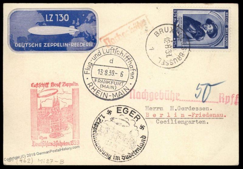 Belgium 1939 Zeppelin Germany Si462 Eger Deutschlandfahrt LZ130 Flight Flo 90721