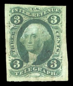 United States, Revenues #R19c Cat$100, 1862 3c Telegraph, imperf., light canc...