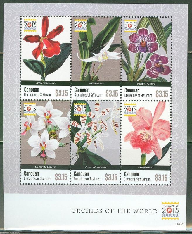 CANOUAN 2015 ORCHIDS OF THE WORLD SHEET  CONJUNCTION WITH SINGAPORE 2015 MINT NH 