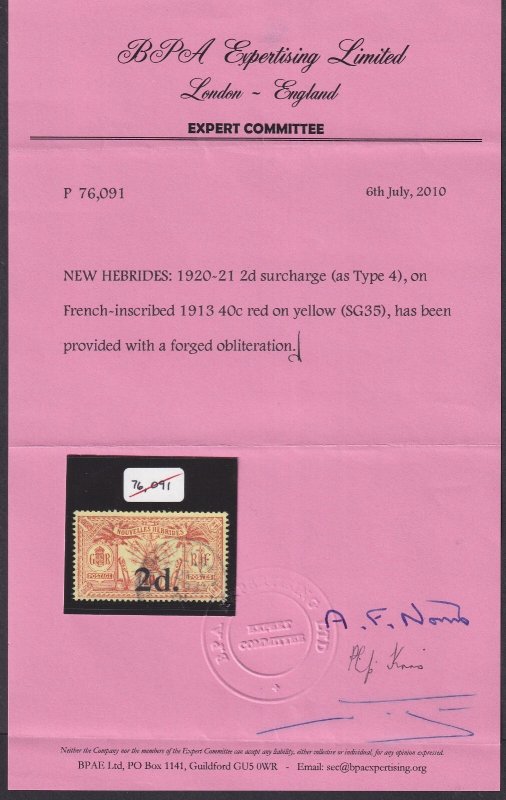 New Hebrides (British), Scott 31 (SG 35, Yvert 69), used faked cancel, BPA cert