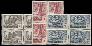 Finland #B24-26 Cat$216, 1937 Red Cross, set of three in blocks of four, neve...