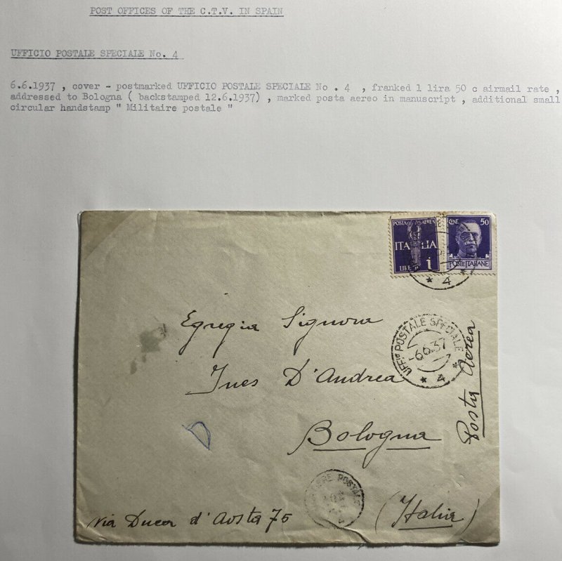 1937 Italian Volunteer CTV PO 4 In Spain Civil War Cover To Bologna Italy