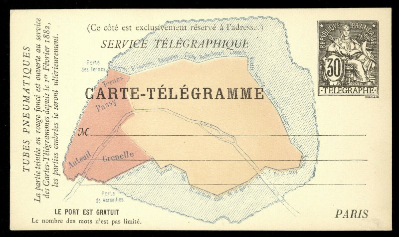 fr019 France Carte-Telegramme 30c Telegraphe Map of Paris card unused