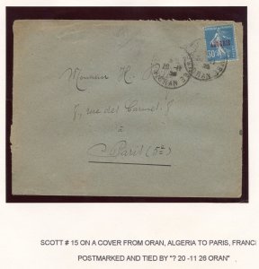 ALGERIA 1926 COVER ORAN TO PARIS FRANCE FRANKED SCOTT #15