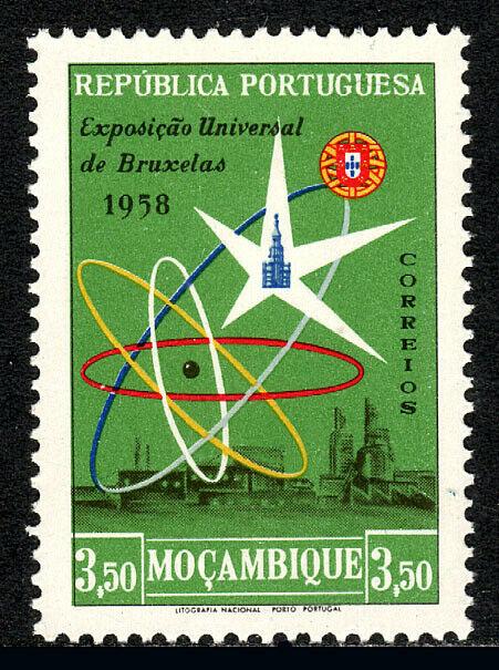 Mozambique 403 , MNH World's Feria, Brussels. Emblema y Vista, 1958