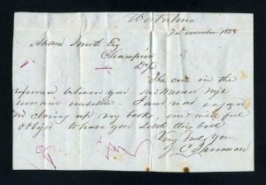 Stampless Letter from Watertown, NY to Champion, NY - 12-8-1852