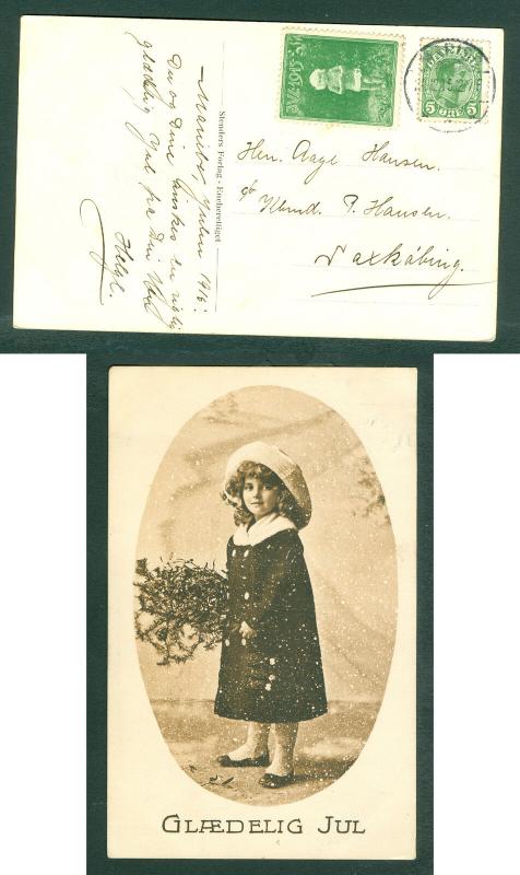 Denmark. Christmas Card 1915 With Seal,+ 5 Ore. Girl,Flowers. Cancel: 24 Dec.