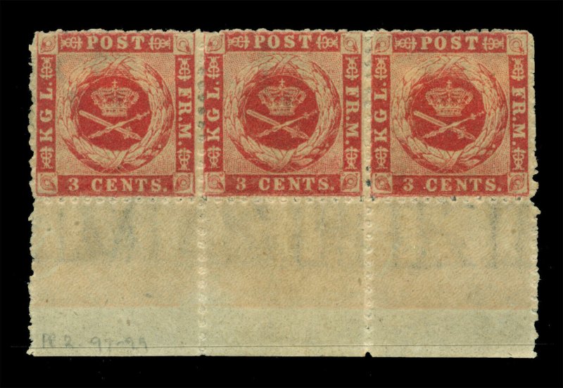 DANISH WEST INDIES (DWI) 1872 Coat of Arms 3c rose - perf. Sc# 3 mint STRIP of 3