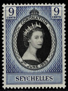 SEYCHELLES QEII SG173, 9c black & deep bright blue, NH MINT.