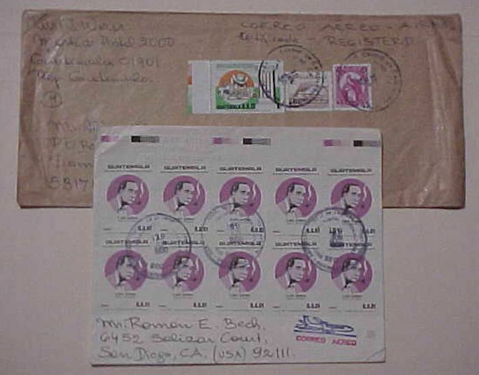 GUATEMALA  10 or MORE STAMPS ON EACH OF  2 COVERS 1989,1990 ONE REGISTERED