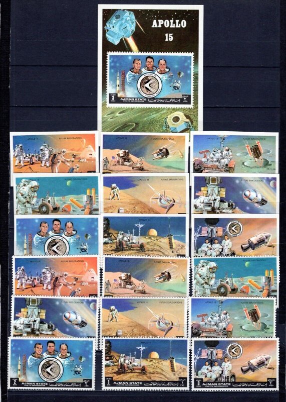AJMAN 1972 SPACE/APOLLO XV 2 SETS OF 9 STAMPS PERF. & IMPERF. & S/S MNH