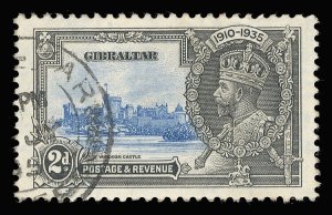 Gibraltar 1935 KGV Silver Jubilee 2d LIGHTNING CONDUCTOR variety VFU. SG 114c.