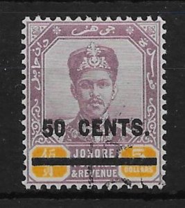 MALAYA JOHORE SG60 1904 50c ON $5 PURPLE & YELLOW USED