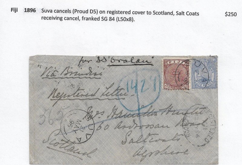 1896 Suva, Fiji to Salt Coats, Scotland, Registered (Proud Canx D5) ... (56443)