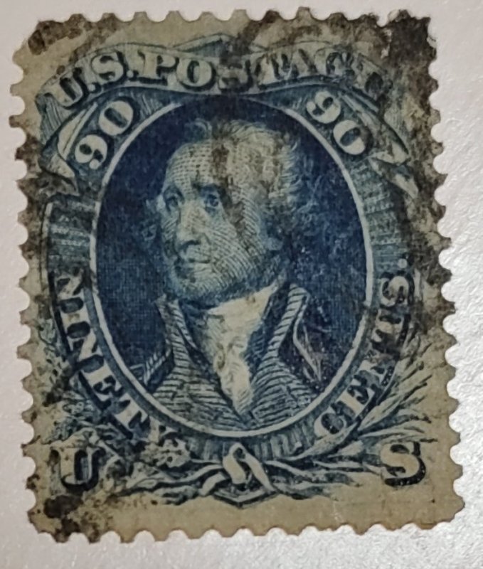 Scott Stamp# 72b - 1861-62 90¢ Used Washington Scarce Dark Blue.  SCV $950.00