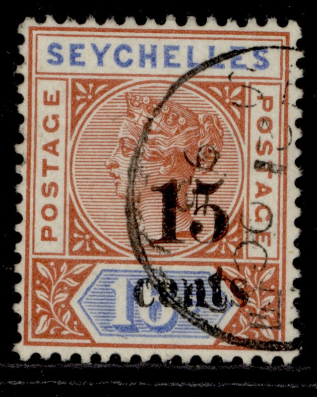 SEYCHELLES QV SG19, 15c on 16c chestnut & ultramarine, VERY FINE USED. CDS