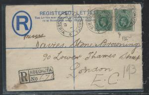 SOUTHERN NIGERIA (P2709B) 917 KGV 1/2D REG FROM ABEOKUTA ON NIGERIA RLE TO UK