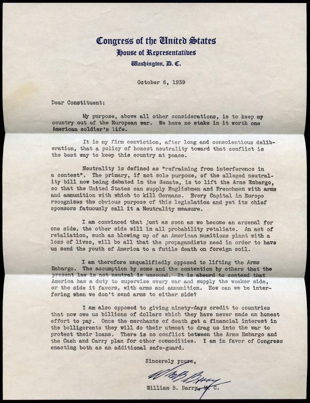 UNITED STATES  '39 HOUSE OF REPRESENATIVE WM BARRY FREE FRANK NEUTRALITY LETTER