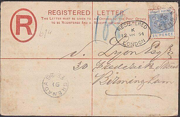 GRENADA 1891 2d Registered cover uprated 2½d used to UK...................54748