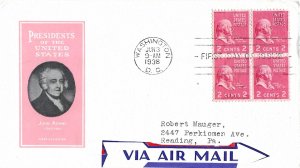 #806 Prexie FDC, 2c John Adams, Ioor cachet, block of 4