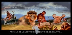 GUINEA - 2012 - Endangered Animals in W. Africa -Perf 3v Sheet-Mint Never Hinged