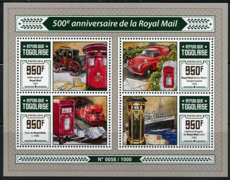 TOGO  2016  500th ANNIVERSARY OF THE ROYAL MAIL SHEET  MINT NH