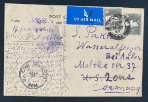 1947 Tel Aviv Palestine Airmail Postcard Cover To US Zone Germany