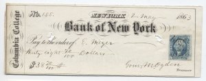 1863 R5a 2 cent blue bank check revenue imperf Columbia College May 2 EMU [y8081
