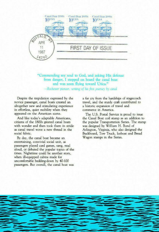 USPS First Day Ceremony Program #2257 Canal Boat Transportation 1987