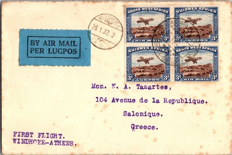 1932 Windhoek South West Africa mail First Flight Cover to Thessaloniki Greece