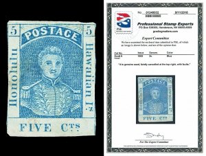 Hawaii Scott 8 1853 5c Blue Kamehameha Used Fine Cat $750 with PSE CERT