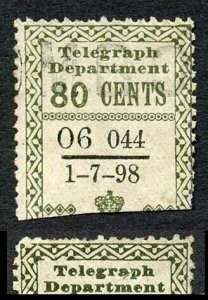 Ceylon Telegraph SGT138 80c Olive Variety BLOT on N of CENTS 1 July 1898