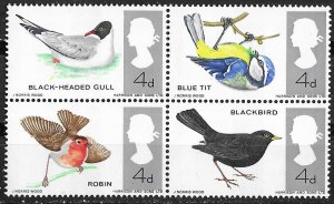 Great Britain # 464b  Birds - block/4  se-tenant PHOSPHOR  (1) Mint NH