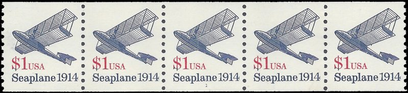 #2468 $1.00 Seaplane 1914  PNC Strip of 5 #1 1990 Mint NH