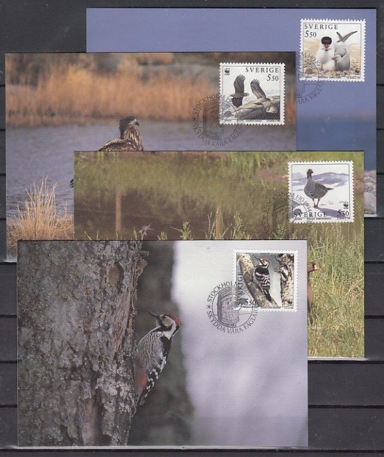 Sweden, Scott cat. 2097-2100. W.W.F., Birds issue. 4 Max. Cards. ^