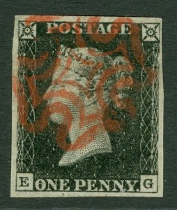 SG 2 1d black plate 4 lettered EG. Very fine used with a red Maltese cross...